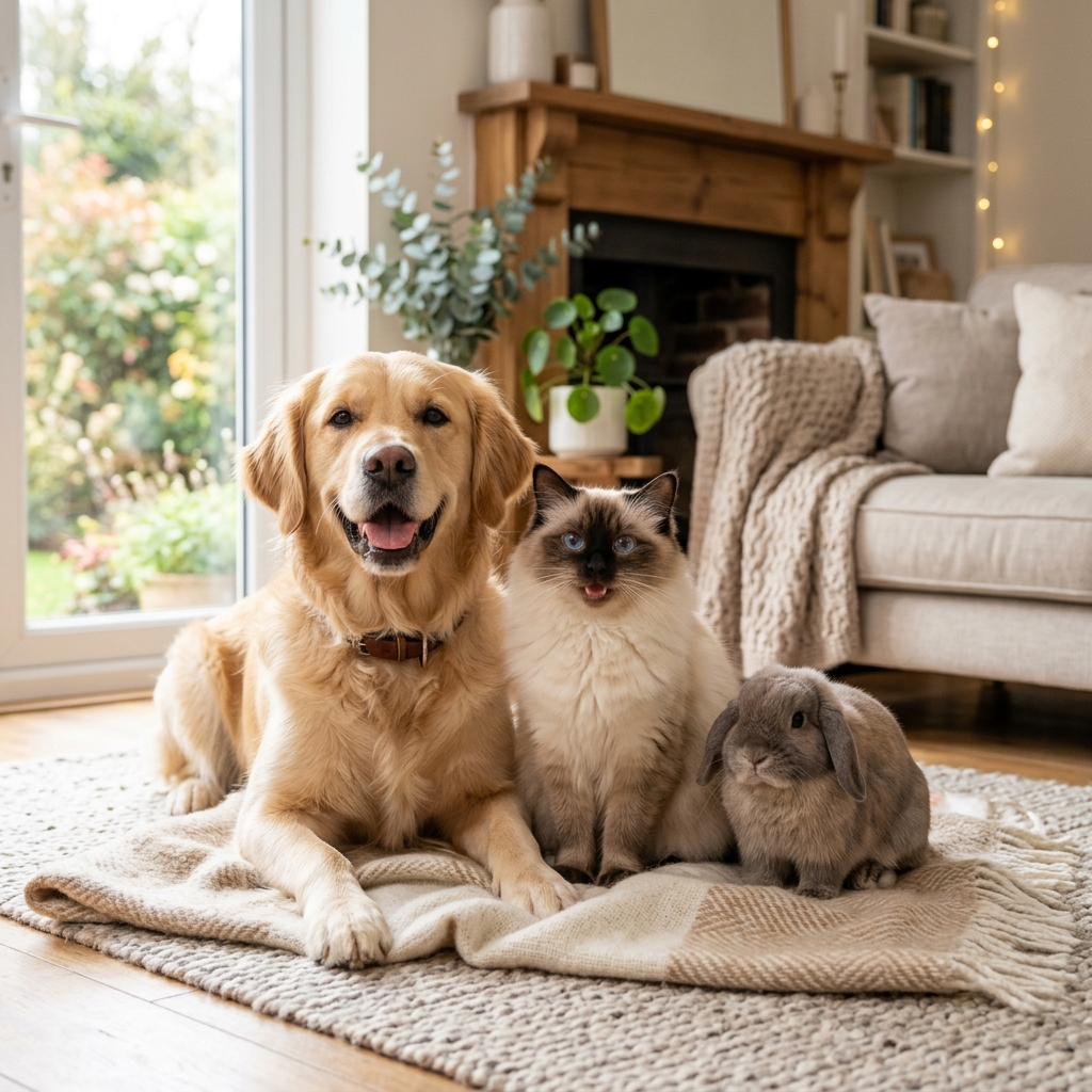 Happy pets sitting together